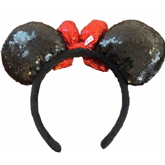 Disney Parks Minnie Mouse Sequined Headband Black With Red Bow - Picture 2 of 3